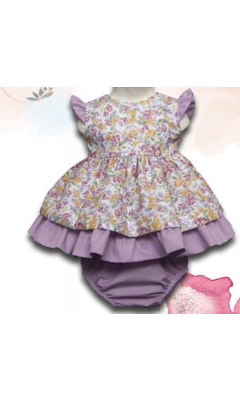 VESTIDO FLORES LILA CON CUBREPAÑAL